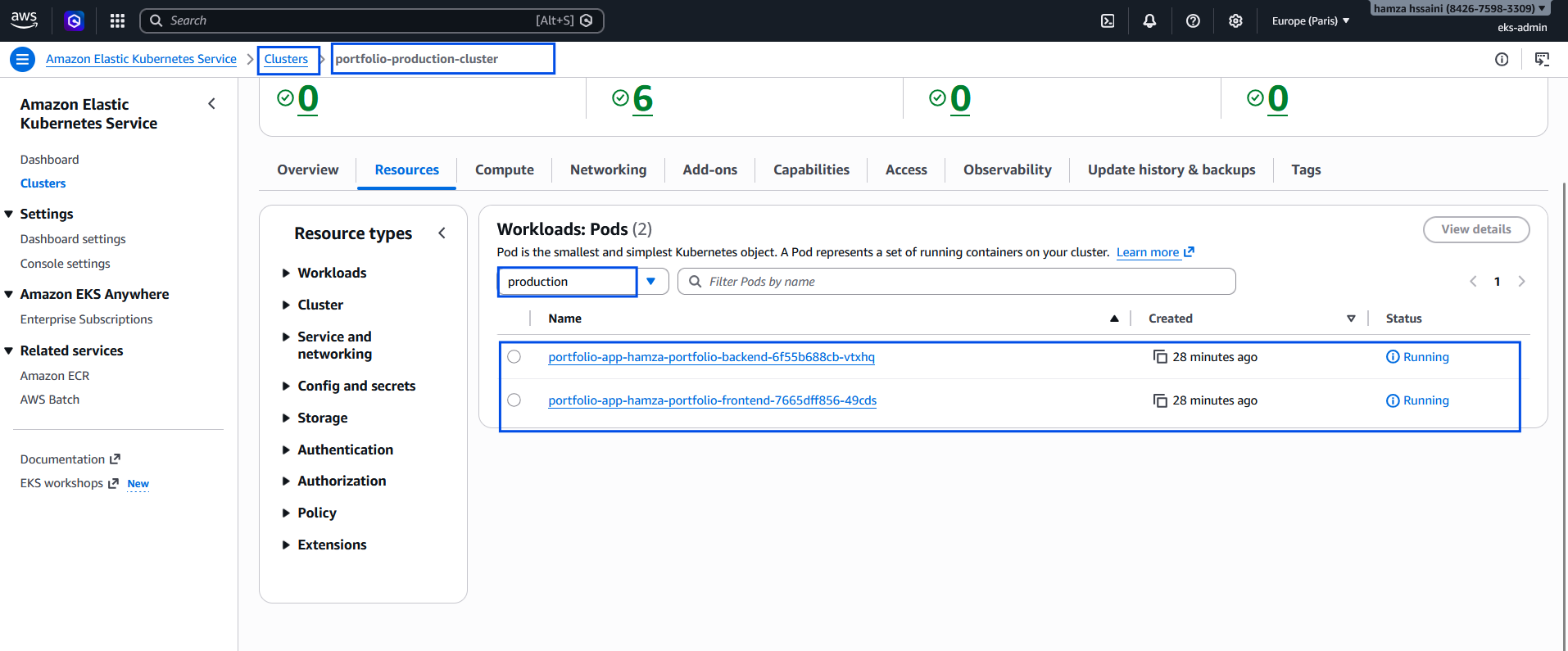Kubernetes Pods Output from console AWS