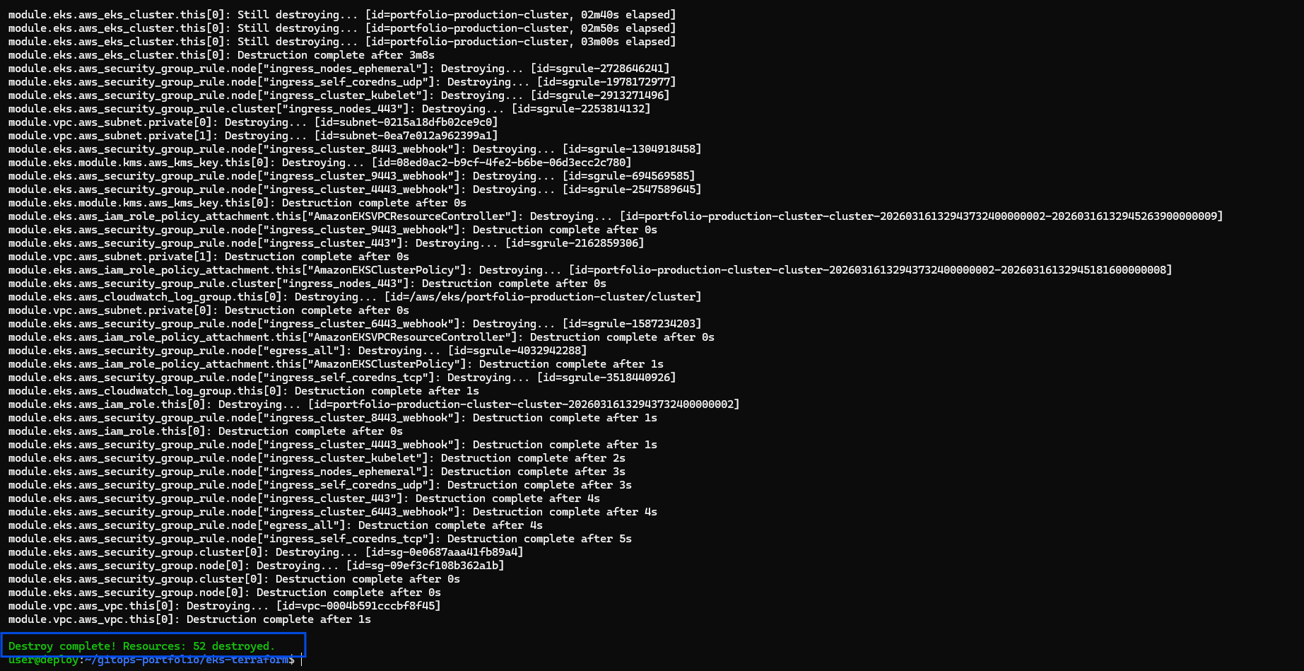 Terminal showing terraform destroy output