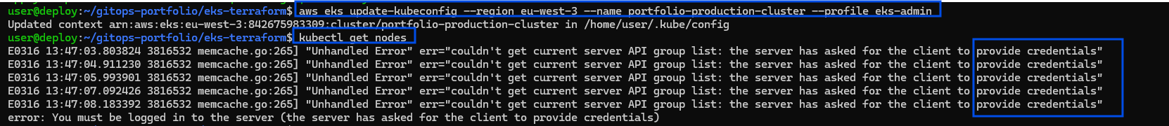 Terminal showing the provide credentials error