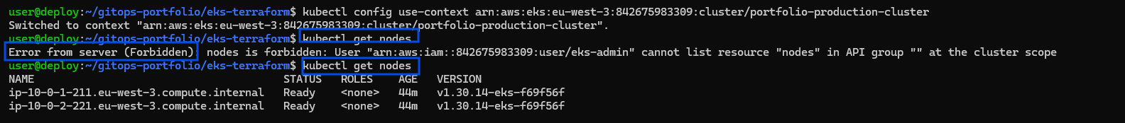 Terminal showing the Forbidden: nodes is forbidden error