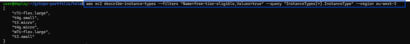 Terminal showing the aws ec2 describe-instance-types command