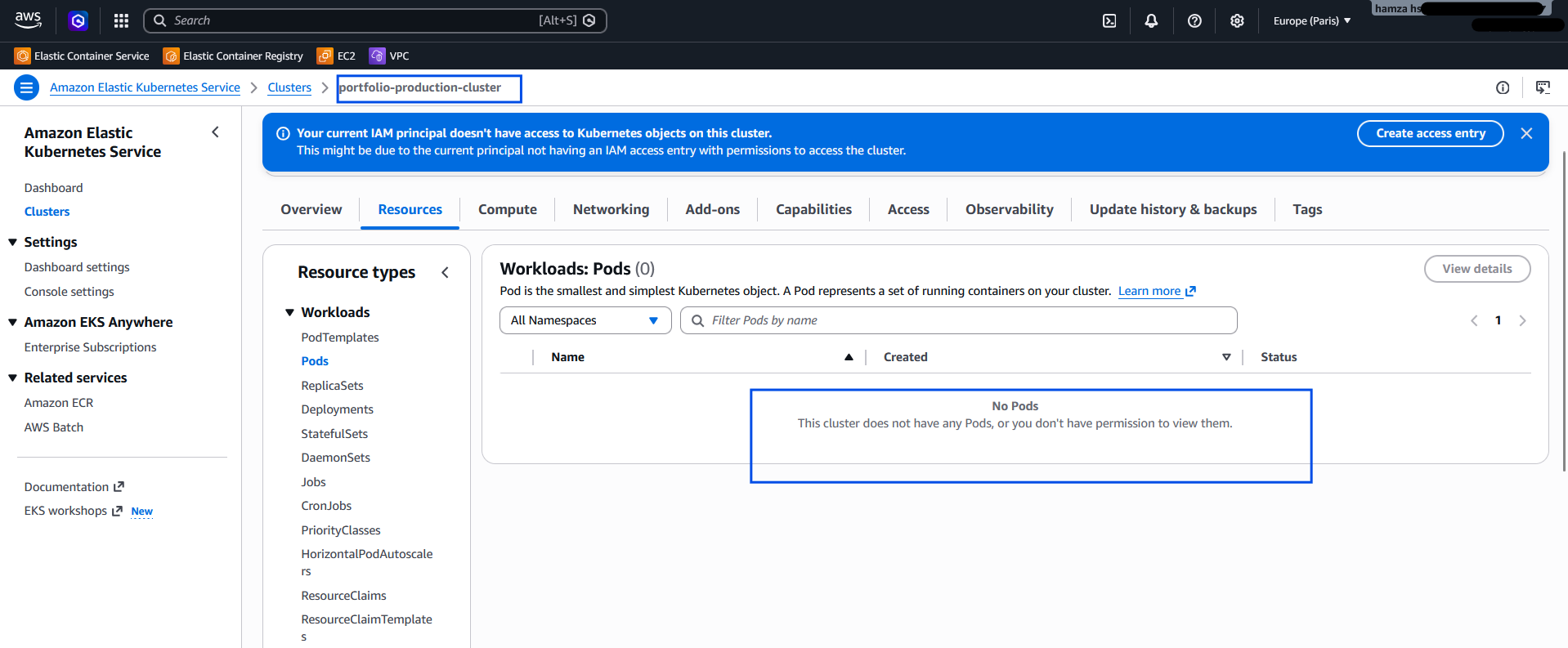 The AWS Web Console showing the 'This cluster does not have any pods...' warning